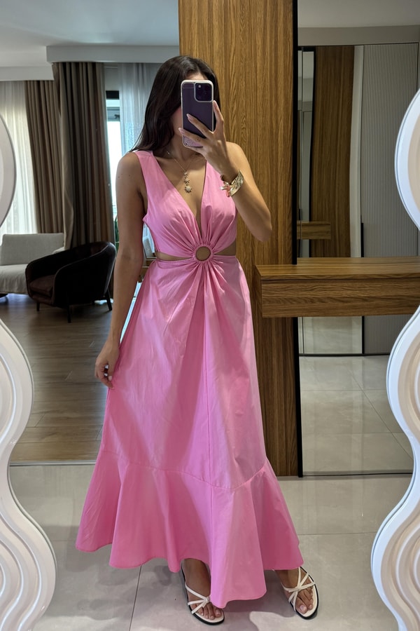 Purayn Pembe Halkalı Bel Detaylı V Yaka Uzun Elbise