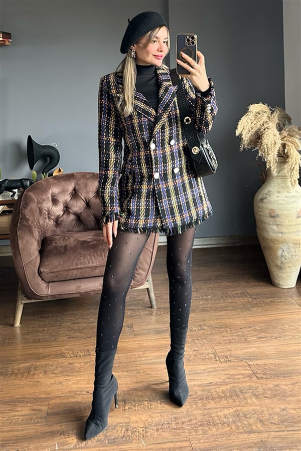 Queen kareli mor geçişli tüvit blazer ceket