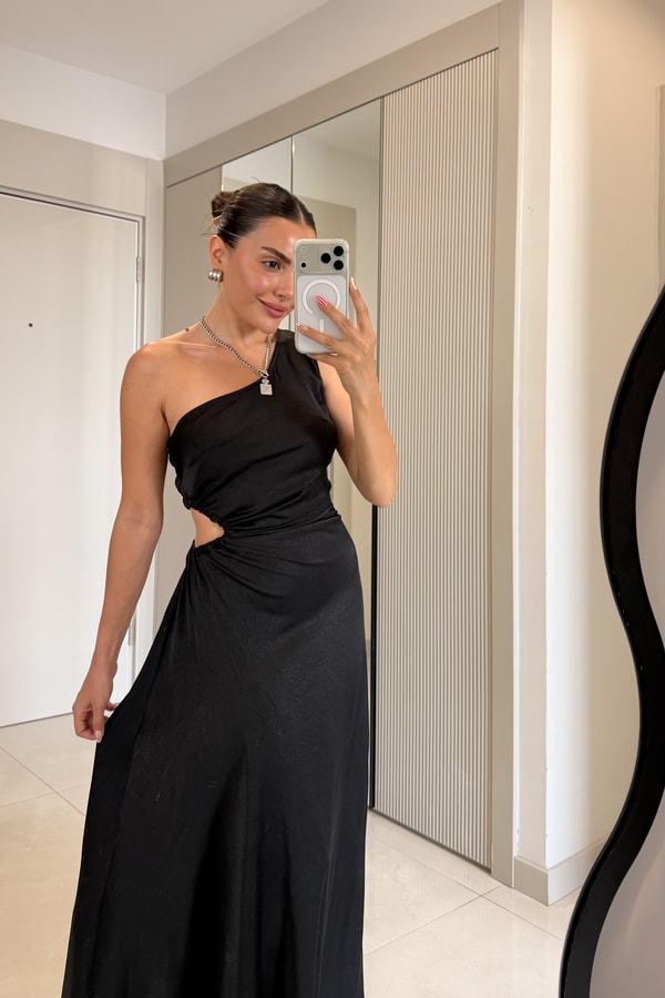 Quentin Siyah Tek Omuz Drapeli Maxi Elbise