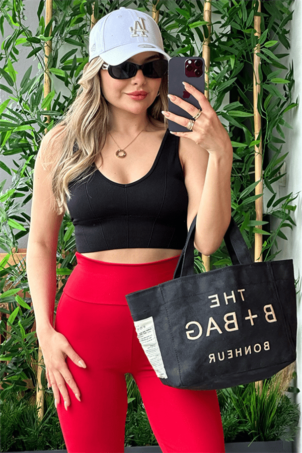 Ques fitilli siyah spor crop top