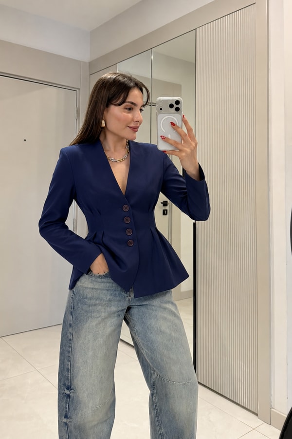 Ququla Lacivert Belde Oturmalı Blazer Ceket
