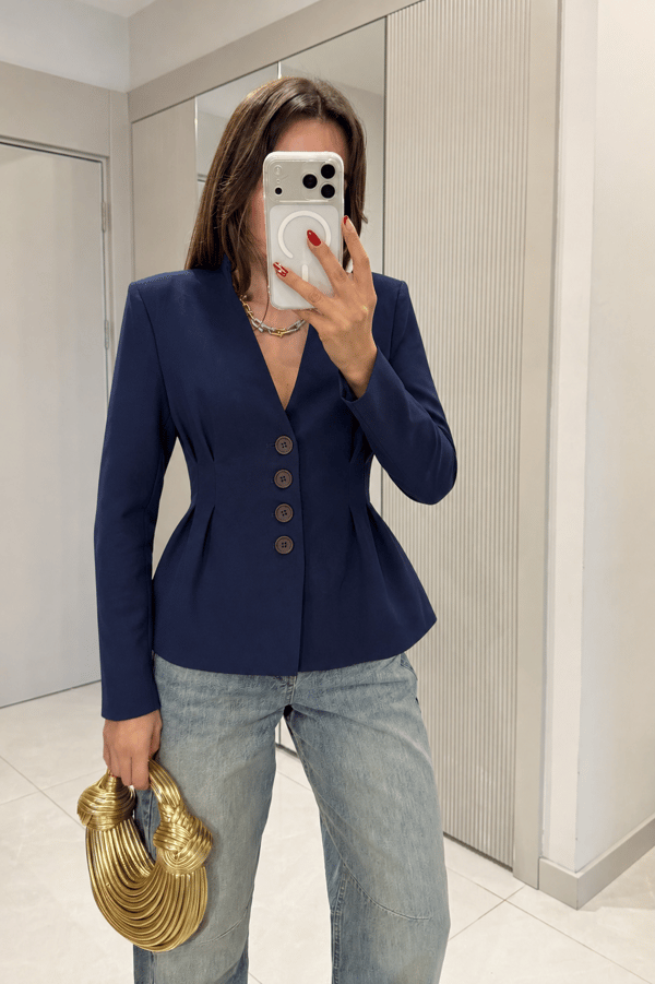 Ququla Lacivert Belde Oturmalı Blazer Ceket