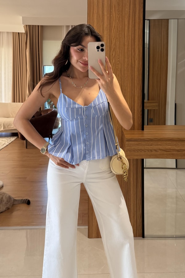 Raylin Mavi Çizgili Poplin Crop