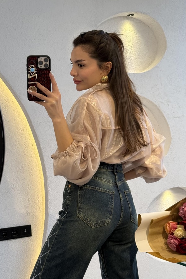 Rebeca Bej Organze Kısa Bomber Ceket