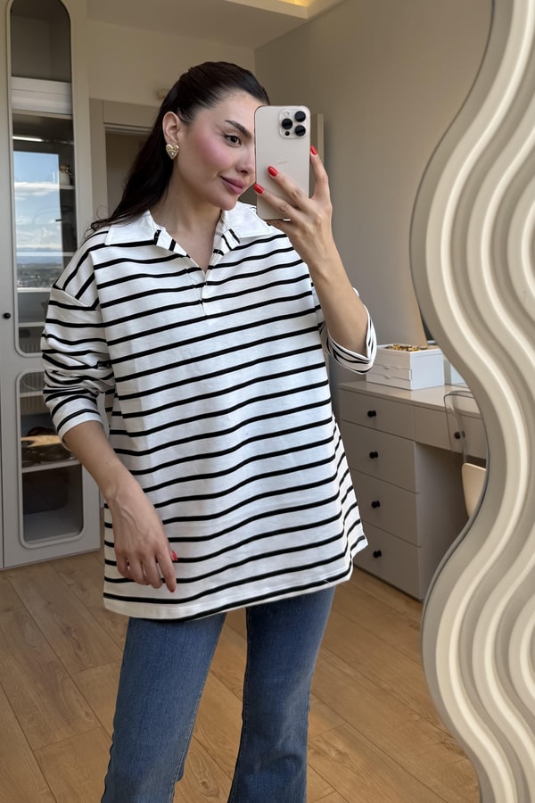 Reisne Siyah Çizgili Polo Yaka Tshirt