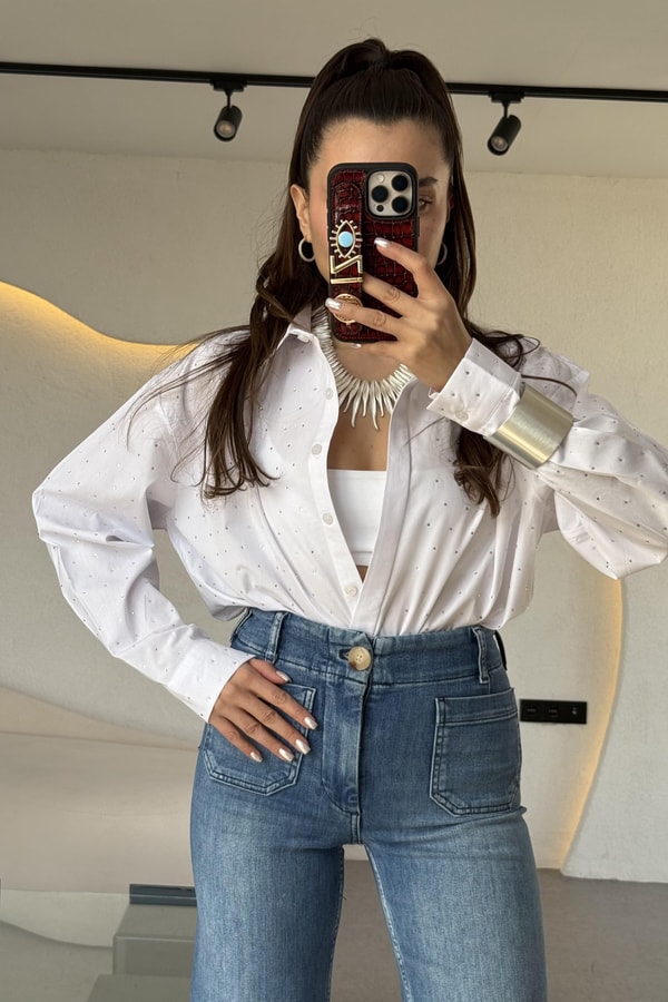 Renita Beyaz Taşlı Poplin Gömlek