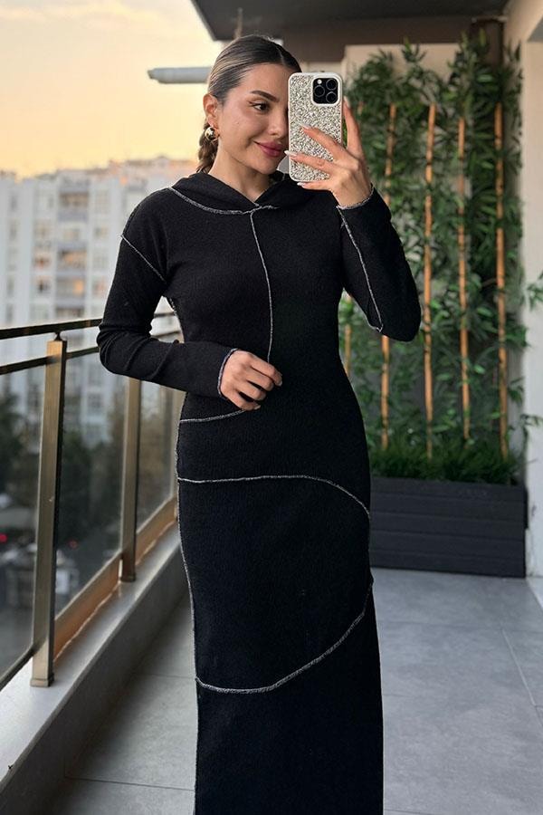 Rese Kontrast Dikişli Kapuşonlu Elbise - Siyah