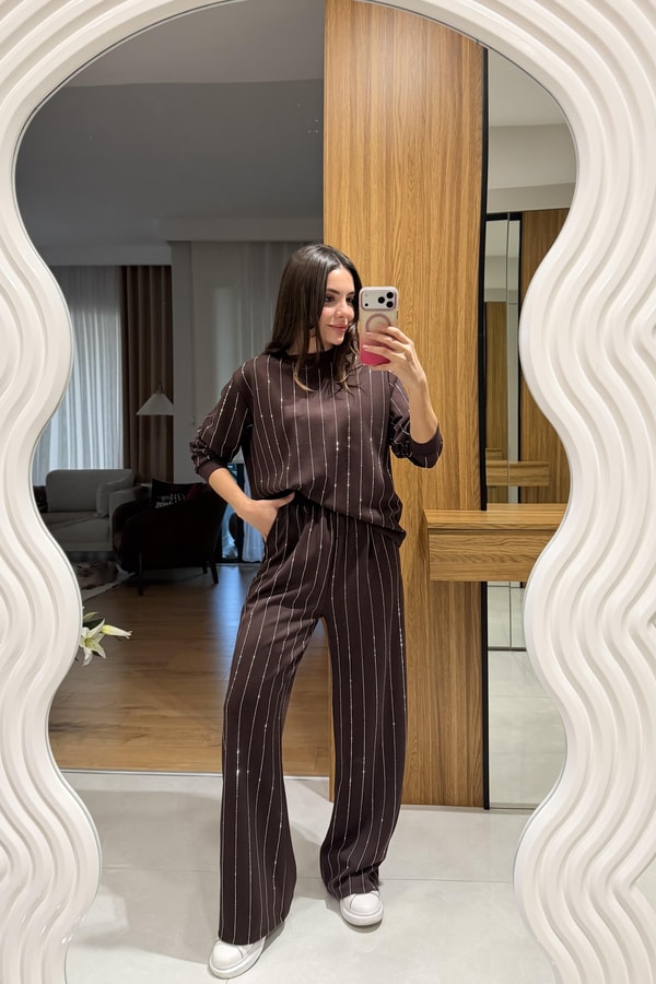 Reynol Kahve Taşlı Modal Takım