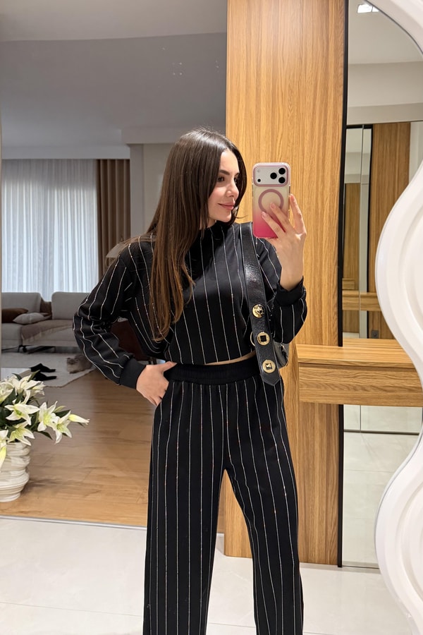 Reynol Siyah Taşlı Modal Takım