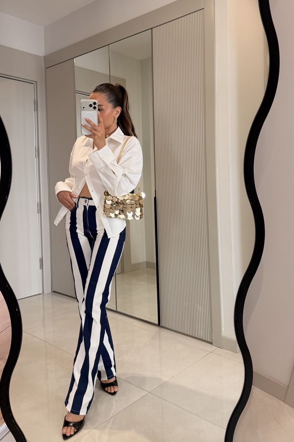 Rhin Lacivert Beyaz Çizgili Yüksek Bel Jean