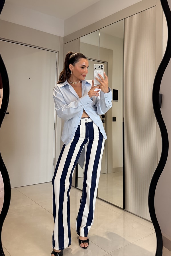 Rhin Lacivert Beyaz Çizgili Yüksek Bel Jean