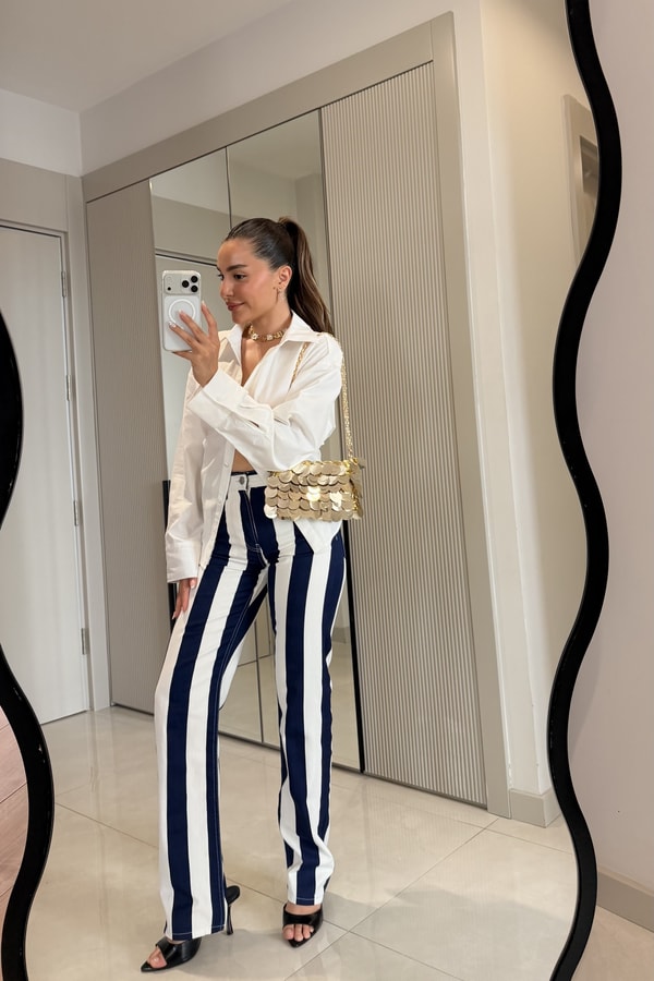 Rhin Lacivert Beyaz Çizgili Yüksek Bel Jean