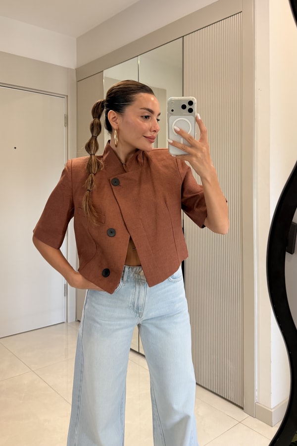 Riana Kiremit Keten Dik Yaka Blazer