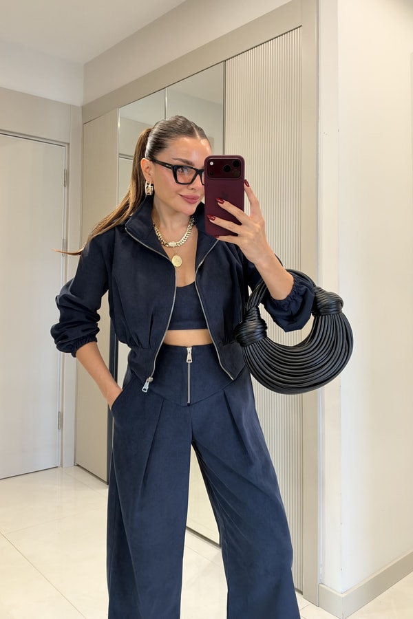 Riddle Lacivert Üçlü Fermuar Detaylı Takım