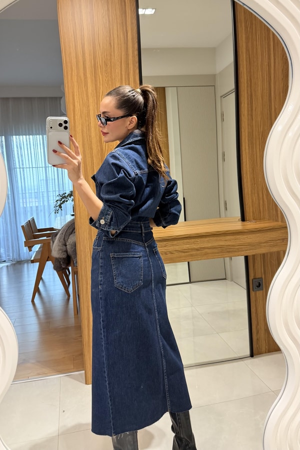 Ritza Denim Yırtmaçlı Elbise