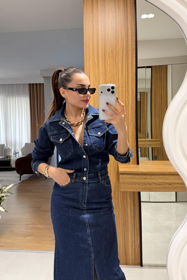 Ritza Denim Yırtmaçlı Elbise