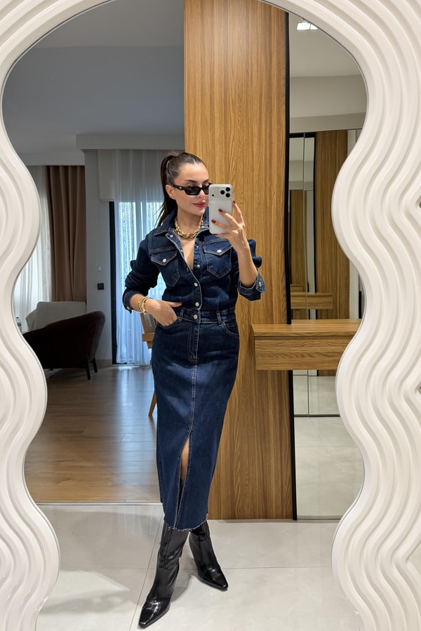 Ritza Denim Yırtmaçlı Elbise