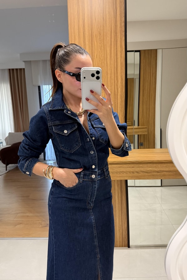 Ritza Denim Yırtmaçlı Elbise