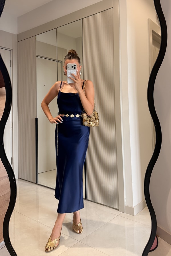 Rixton Lacivert Saten Askılı Elbise