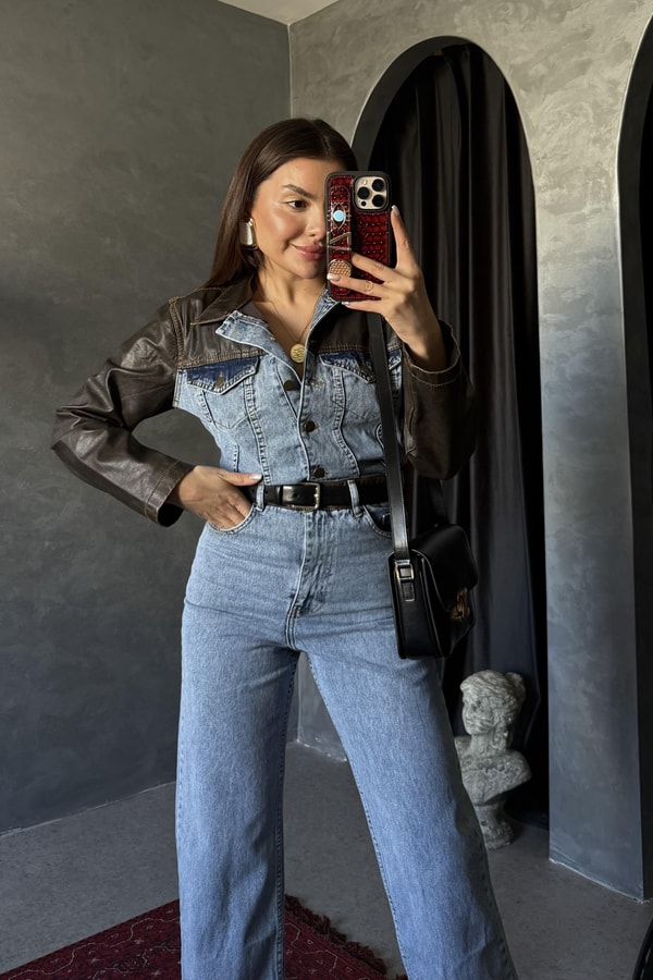 Rodney Deri Detaylı Denim Tulum 