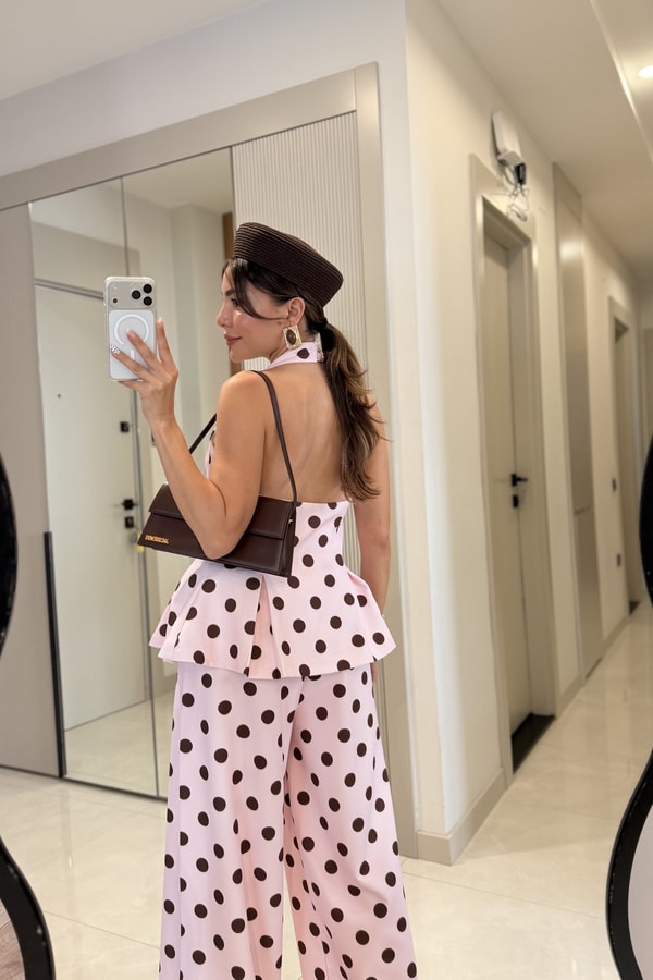 Rodney Pembe Puantiyeli Bluz Pantolon Takım