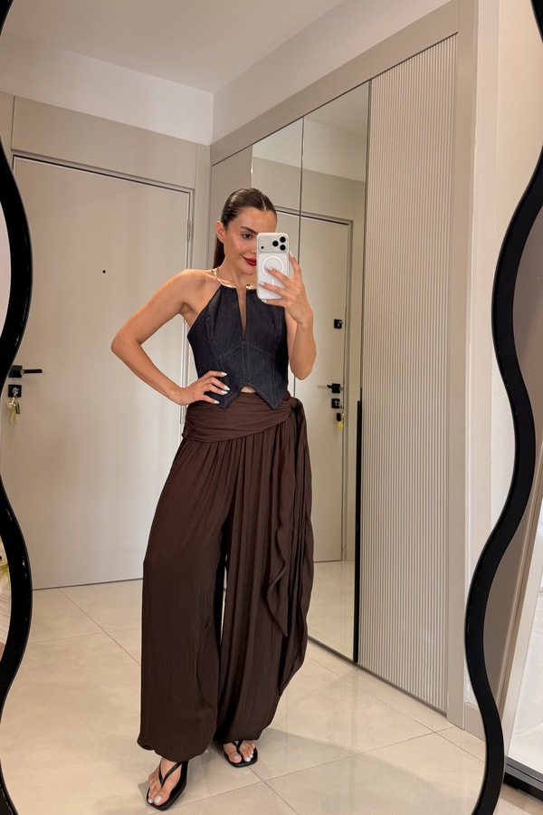 Rodres Kahve Kemer Detaylı Şalvar Pantolon