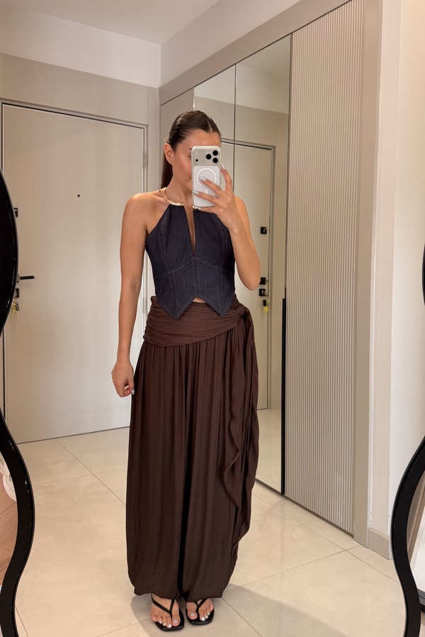 Rodres Kahve Kemer Detaylı Şalvar Pantolon
