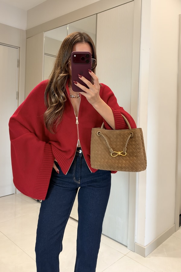 Ropa Kırmızı Çift Yön Fermuarlı Yarasa Kol Triko Hırka