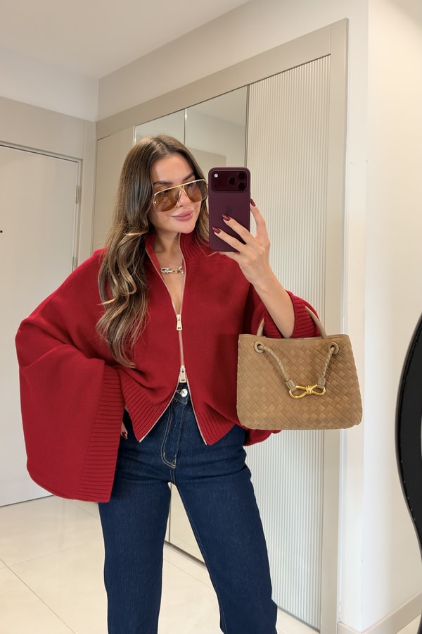 Ropa Kırmızı Çift Yön Fermuarlı Yarasa Kol Triko Hırka