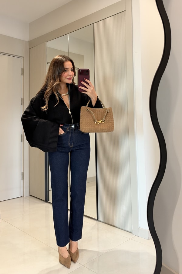 Ropa Siyah Çift Yön Fermuarlı Yarasa Kol Triko Hırka