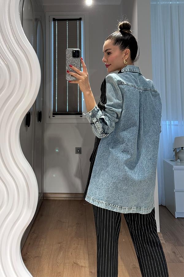 Rosado Kot Karışımlı Çizgili Blazer Takım - Siyah