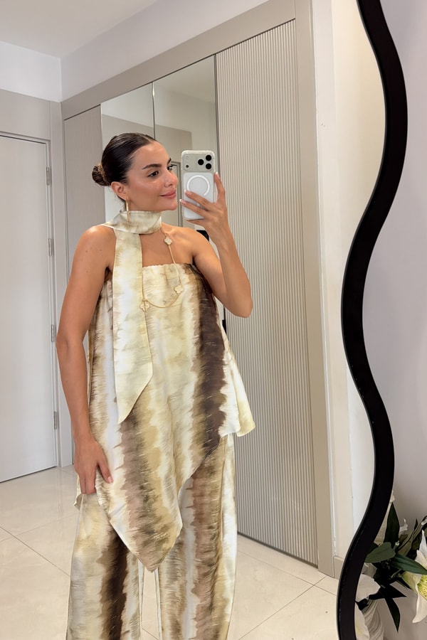 Rosenda Haki Saten Şal Detaylı Asimetrik Takım
