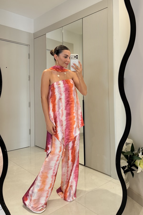 Rosenda Pembe Saten Şal Detaylı Asimetrik Takım