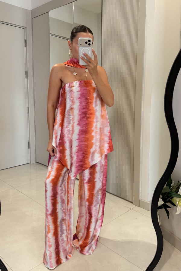 Rosenda Pembe Saten Şal Detaylı Asimetrik Takım