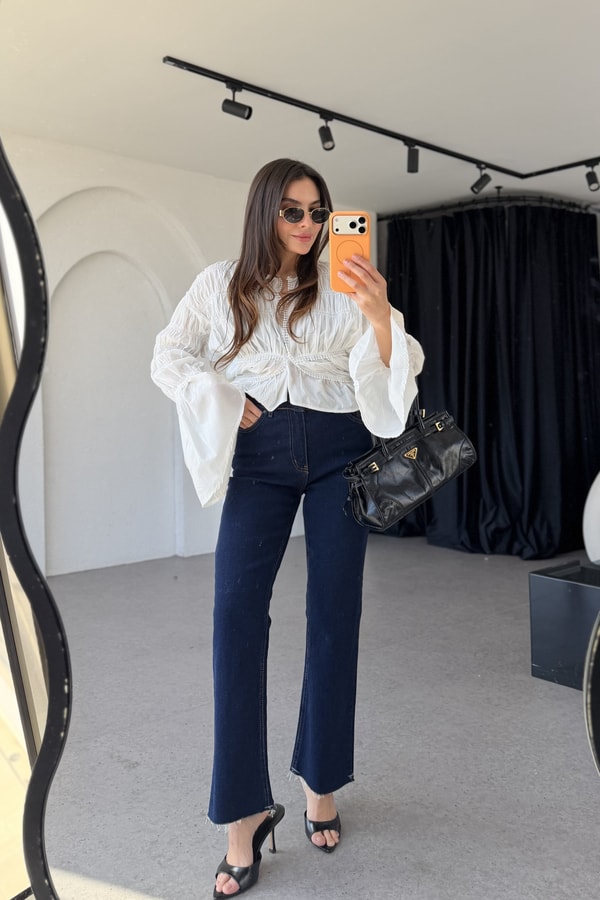 Rosy Darkblue Yüksek Bel Flare Jean 
