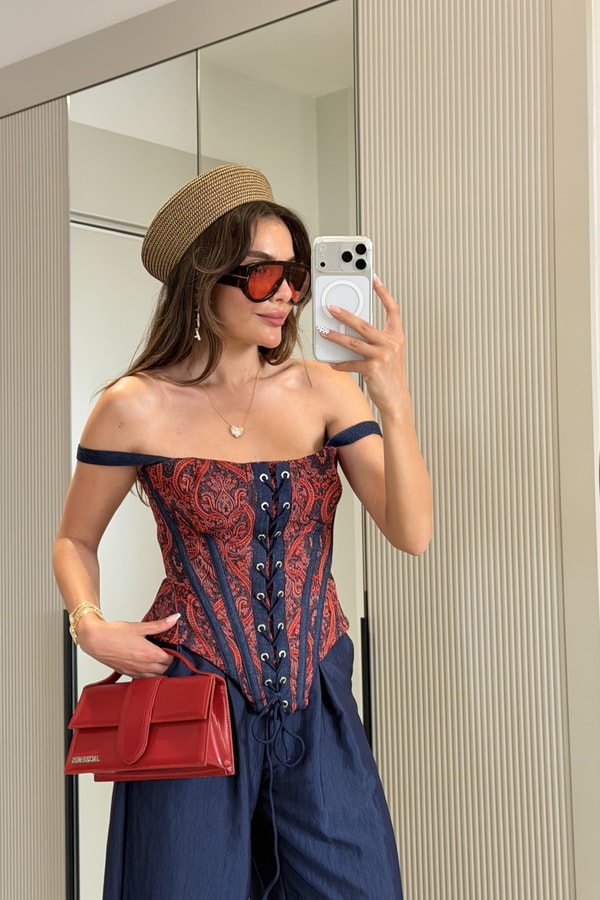 Rovia Lacivert Çift Askılı Desenli Korse