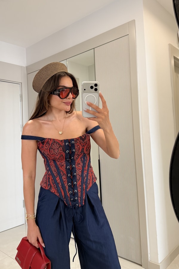 Rovia Lacivert Çift Askılı Desenli Korse