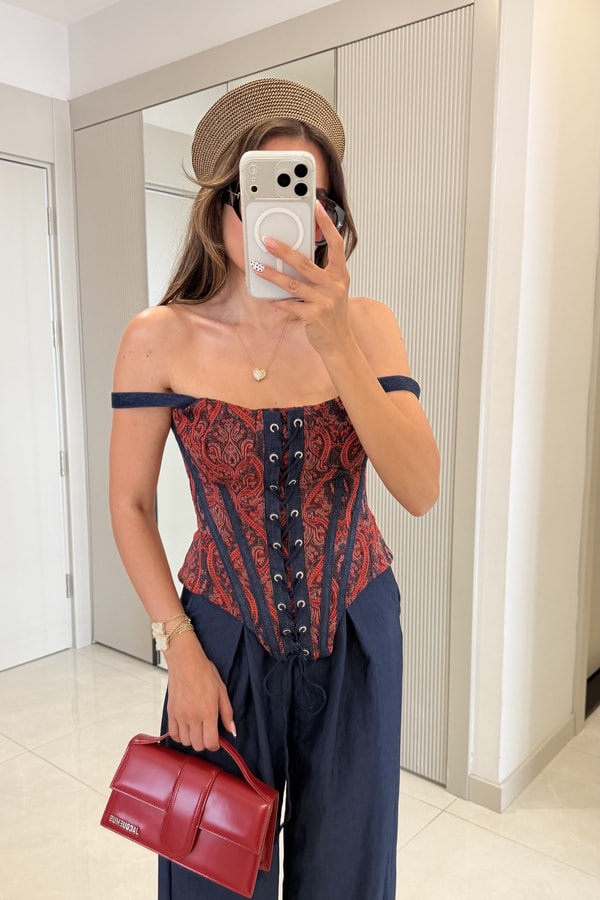 Rovia Lacivert Çift Askılı Desenli Korse