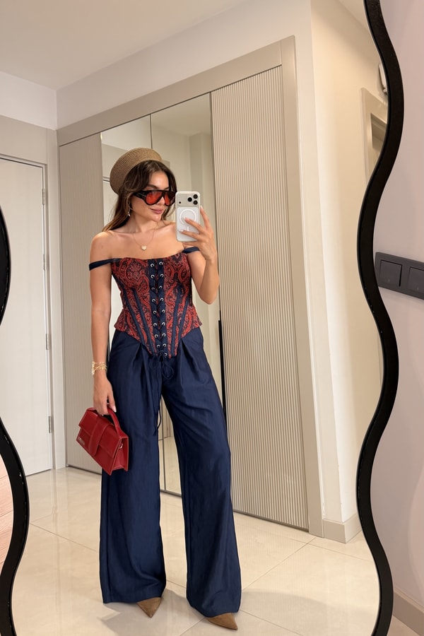 Rovia Lacivert Çift Askılı Desenli Korse