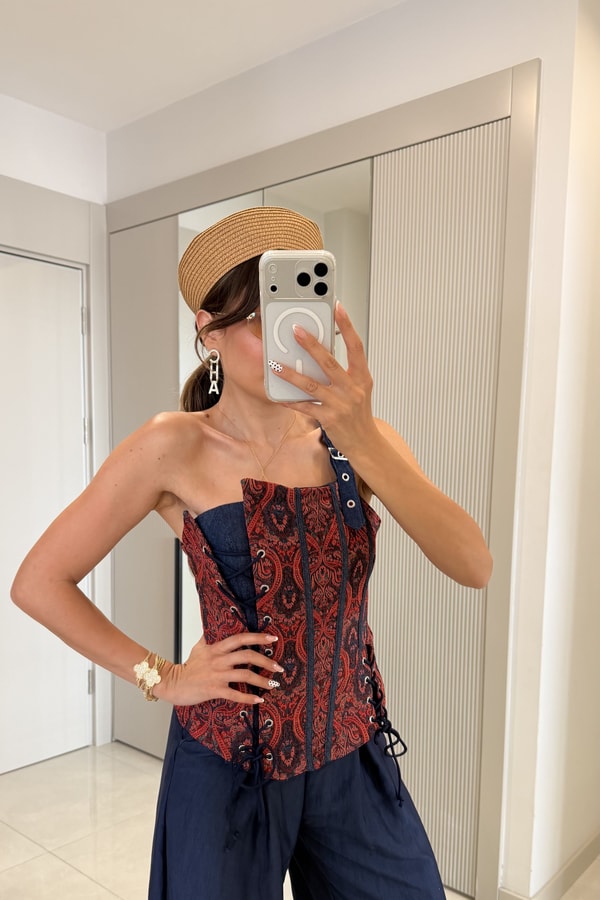 Rovia Lacivert Tek Askılı Desenli Korse
