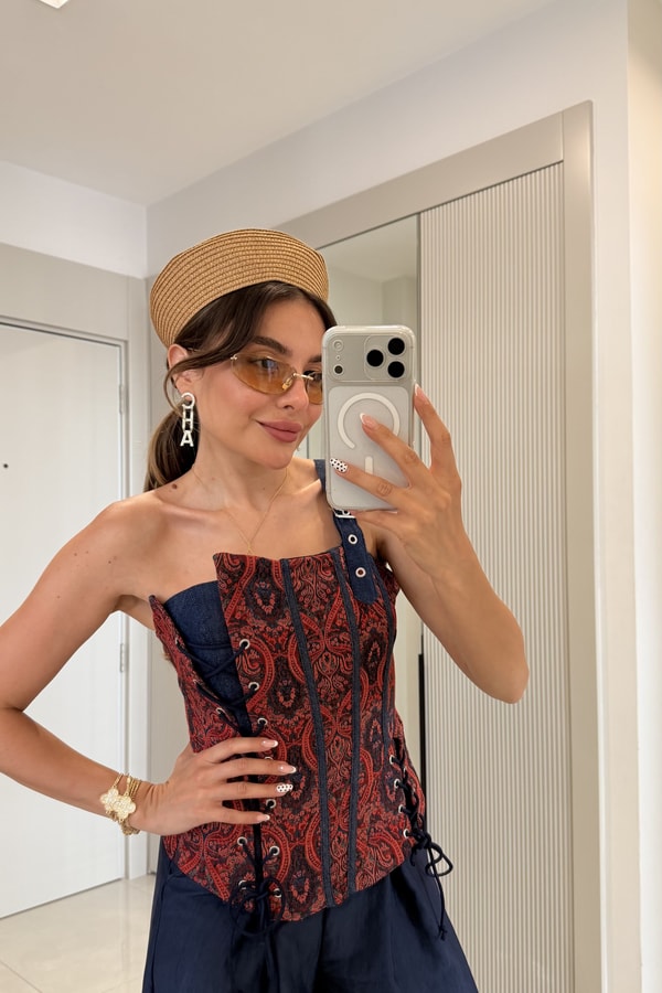 Rovia Lacivert Tek Askılı Desenli Korse