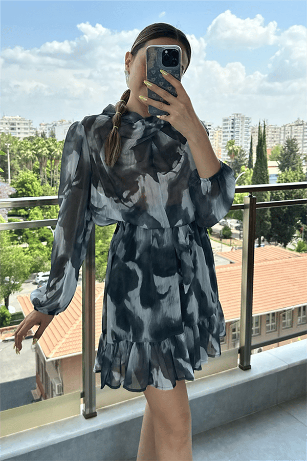 Rowan gri batik desen şifon elbise