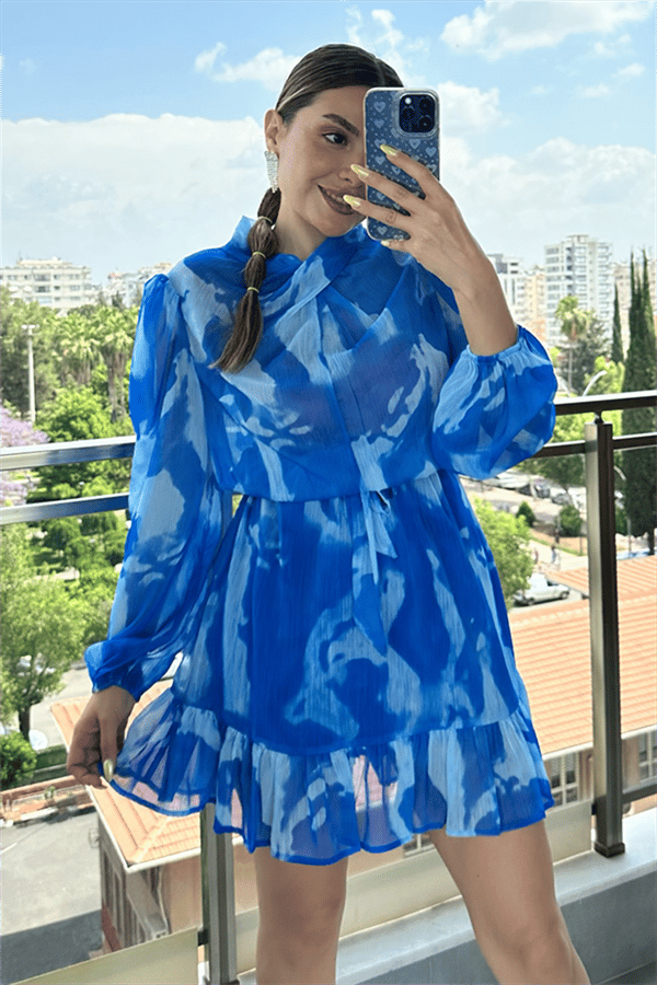 Rowan mavi batik desen şifon elbise
