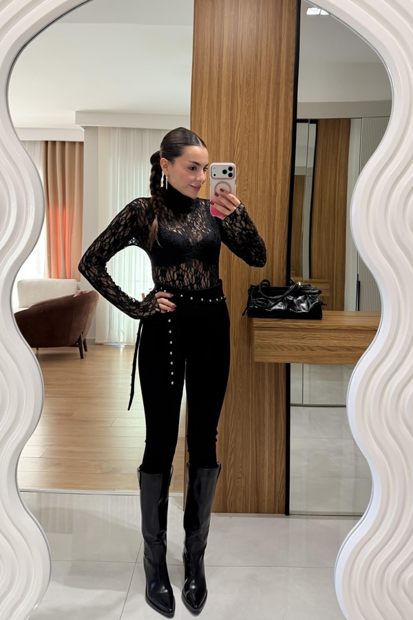 Rowena Siyah Drop Taşlı Çelik Tayt