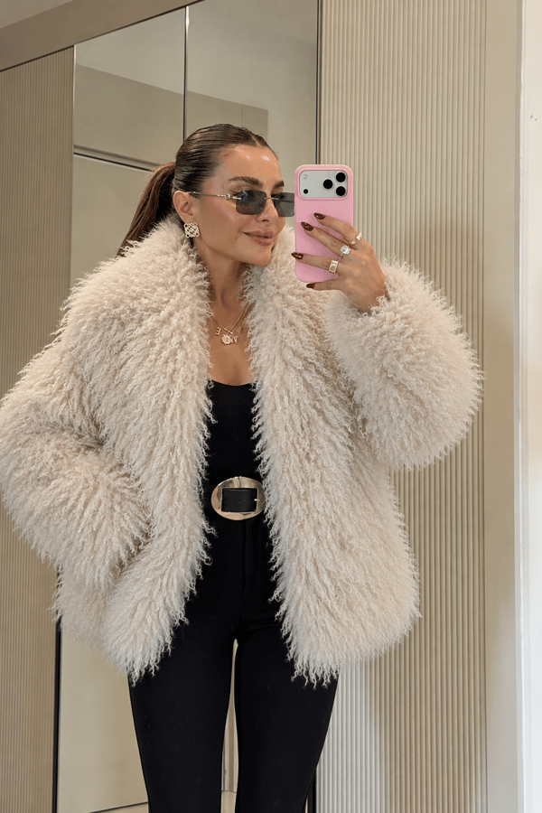 Rudway Ekru Yakalı Kıvırcık Peluş Kürk