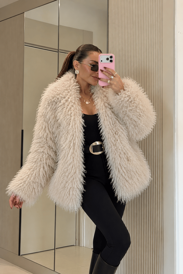 Rudway Ekru Yakalı Kıvırcık Peluş Kürk