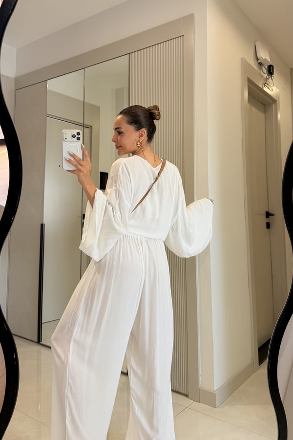Nuvira Beyaz Bağlamalı Kimono Pantolon Takım