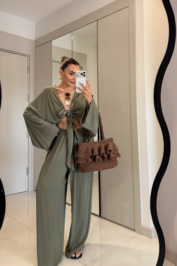 Nuvira Haki Bağlamalı Kimono Pantolon Takım