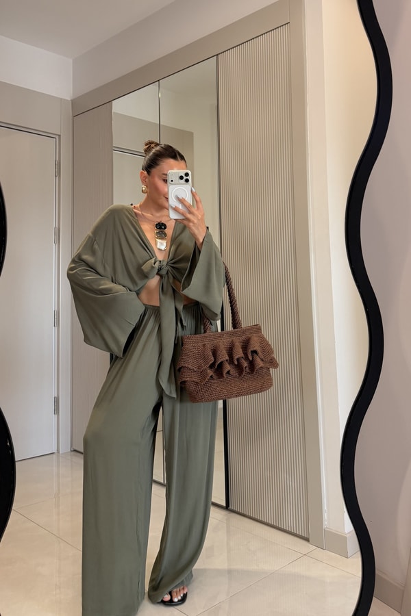 Nuvira Haki Bağlamalı Kimono Pantolon Takım