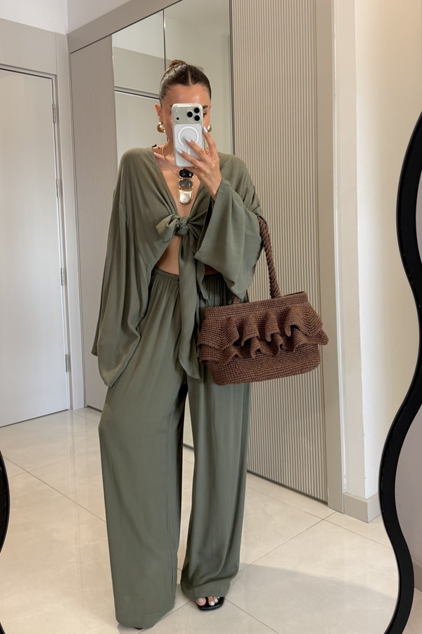 Nuvira Haki Bağlamalı Kimono Pantolon Takım